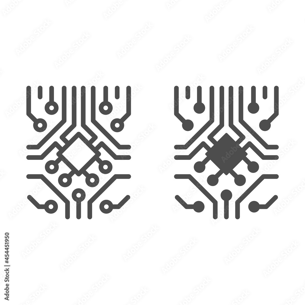 Poster analog processor circuit with diode and microchip line and solid icon, electronics concept, pcb vect