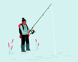 woman with fishing rod. fishing in pond sea and River.  standing in Lake fly fishing with outdoor fishing gear.
