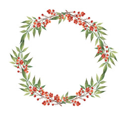 水彩の南天のリース