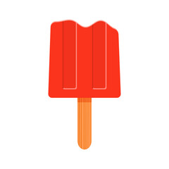 Bitten strawberry or respberry popsicle. Melted ice cream or frozen juice on stick isolated on white background. Sweet cold summer dessert. Vector cartoon illustration.