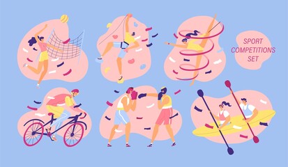 Obraz premium Set with sport situations. Climbing, gymnastics, boxing, cycling, volleyball, rowing. Vector illustration. Sport competitions, news, social media design. Flat style with cartoon people.