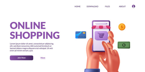 Hand holding and touch 3d cute mobile smart phone with shop app ecommerce. Online shopping illustration concept with 3d icon.