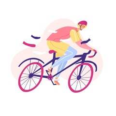 A cyclist on a bicycle takes part in competitions. Sport competitions. Isolated on white background. Vector illustration. Flat style. Speed, biker, winner, sports news, blogging.
