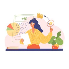 Woman investor is working with money. Investments, trading, market quotes, currency, exchange, value, interest rate, schedule, scale. Vector illustration. Financial blogging, web site, news design.