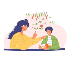 Woman is educating boy financial literacy. Investments, trading, market quotes, currency, exchange, growth, value, interest rate, schedule, scale, saving money. Vector illustration.