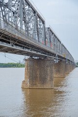 Close view of railroad bridge under blue sky.