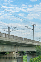 Close view of railroad bridge under blue sky.