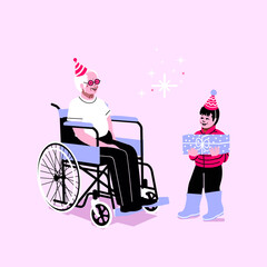 gift for grandpa. grandchild visites grandfather on wheelchair to give a present. happy family moment