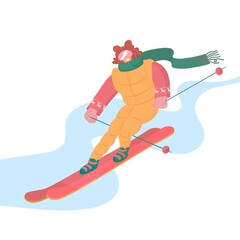 Girl is skiing. Extreme sport. Snowy. Vector illustration. Lifestyle, activity, speed, adrenaline, emotions. Winter entertainment. Isolated on blue background.