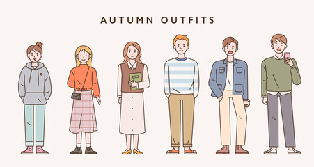 Naklejka premium Autumn casual fashion of young people. People characters standing front to back in different styles of clothes. outline simple vector illustration.