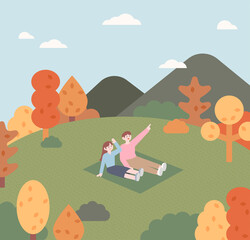 A couple is sitting in the autumn park. The trees around them are turning red. outline simple vector illustration.