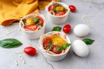 Egg Omelet Caprese Breakfast Cup, hot homemade ham, egg and caprese-flavored dish