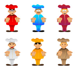 Fat male cartoon chef in uniform showing something with both hands or expressing don't know gesture. Vector illustration.