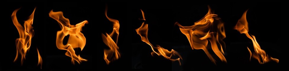 Fire flames collection set in dark black abstract texture background