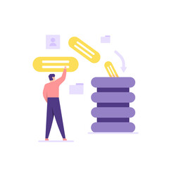concept of data entry, data input, database management. a staff is Entering or sending data or information into the company's database server. flat cartoon style. vector illustration design