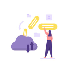 concept of data entry, data input, database management. a staff is Entering or sending data or information into the database server. cloud storage. flat cartoon style. vector illustration design