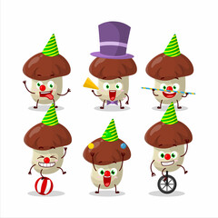 Cartoon character of bolete with various circus shows