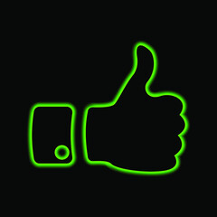 Hand and thumb up green neon on black background, vector illustration