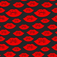Red lips on a gray background, texture for design, seamless pattern, vector illustration