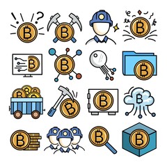 Cryptocurrency flat color line icons set collection.Security data transfer. Bitcoins icons.