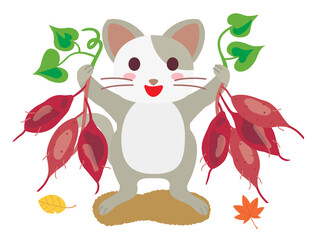 サツマイモの収穫に喜ぶネコ