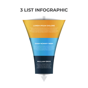 3 points, layers, options, step of list infographic element with funnel chart diagram