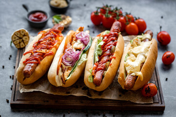 delicious beautiful hot dogs on chalkboard