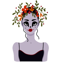 Vector woman zombie portrait. Illustration of a halloween girl with a wreath on her head for postcard, poster,cover. Isolated beautiful cartoon spooky girl with purple skin on white backround.