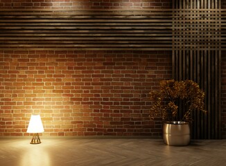 Night interior with brick wall and lamp on the wooden floor. 3D rendering.