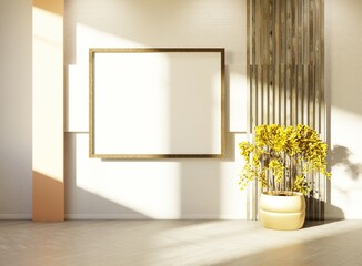 Empty horizontal poster template on a white wall in modern interior room. Home plant on a wooden floor. 3D rendering.