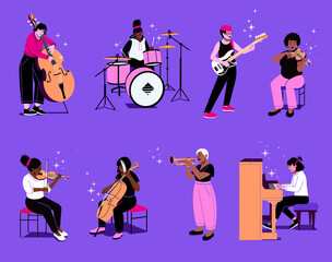 musicians together. banner of musical instruments and music players. stage live music show. rock, jazz, classical