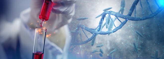 Scientist holding liquid biological sample. Medical technology research institute concept