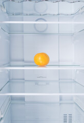 against the background of a white refrigerator, a grapefruit is lying on a glass shelf