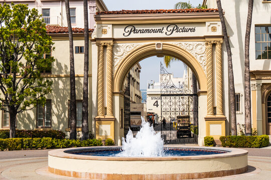 Beautiful gate of Paramount Pictures film studios at Los Angeles - CALIFORNIA, UNITED STATES - MARCH 18, 2019