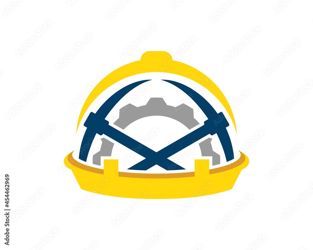 Wall mural safety helmet with cross mining axe and gear inside