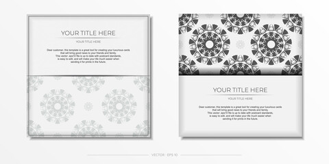 Fototapeta na wymiar Preparing an invitation with a place for your text and abstract patterns. Luxurious Vector Template for Print Design Postcards White Color with Black Patterns.