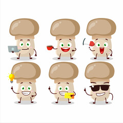 Button mushroom cartoon character with various types of business emoticons