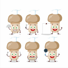Cartoon character of button mushroom with various chef emoticons