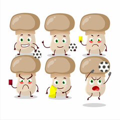 Button mushroom cartoon character working as a Football referee