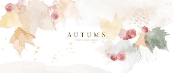 Fototapeta premium Autumn background design with watercolor brush texture, Flower and botanical leaves watercolor hand drawing. Abstract art wallpaper design for wall arts, wedding and VIP invite card. vector eps10