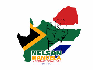 Vector illustration International Nelson Mandela Day 18th July. Fist on South African Map