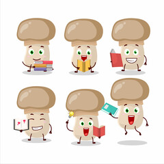 A picture of button mushroom cartoon character concept reading an amusing book