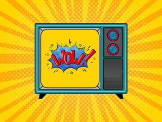 Retro TV with "Wow!" on the screen. Vintage electronics. Pop art vintage vector illustration on yellow background