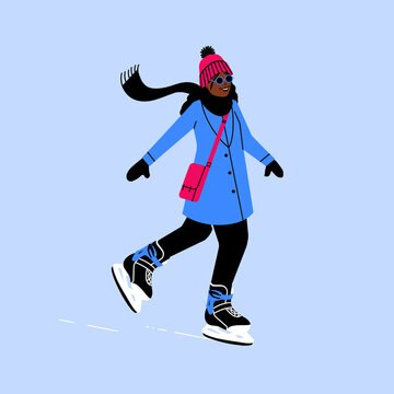 happy woman ice skating outdoors. winter sport activity outdoor ice rink during holiday season.