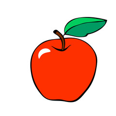 Vector red apple with leaf in flat doodle style. Hand drawn isolated fruit. Clipart, symbol of harvest, summer, autumn, garden, healthy food, school snack