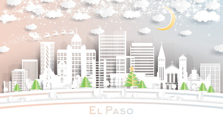 El Paso Texas City Skyline in Paper Cut Style with Snowflakes, Moon and Neon Garland.