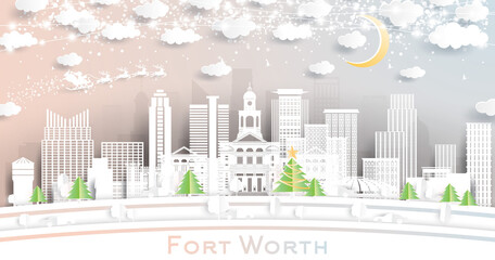 Fort Worth Texas City Skyline in Paper Cut Style with Snowflakes, Moon and Neon Garland.