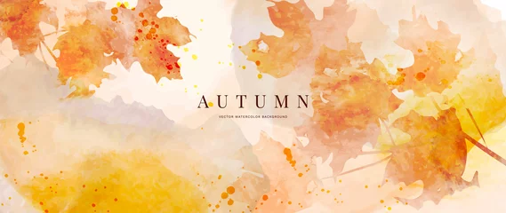 Poster Autumn background design  with watercolor brush texture, Flower and botanical leaves watercolor hand drawing. Abstract art wallpaper design for wall arts, wedding and VIP invite card. vector eps10 © TWINS DESIGN STUDIO