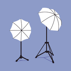 studio lighting for professional photography. photoshoot light umbrella set on tripods, soft light illustration. 