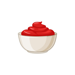 Ketchup sauce bowl on white insulated background. Seasoning in a sauce pan. Vector cartoon illustration